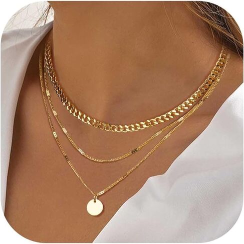 GAUEIOUR Gold Necklaces for Women,Boho Jewellery Set Adjustable 18K Layered Pendant Disc Coin Necklace, Fashion Versatile Stacked Choker Chain Jewelry for Women in Saudi Arabia