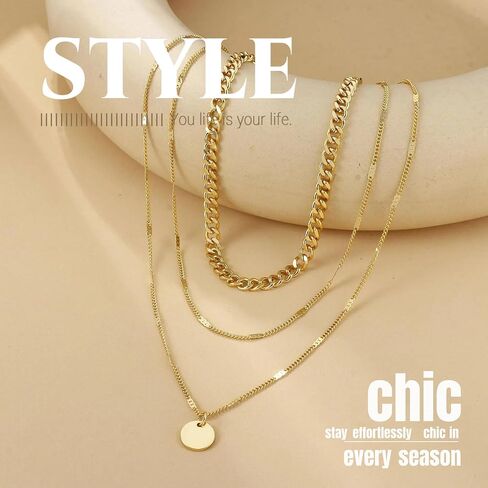 GAUEIOUR Gold Necklaces for Women,Boho Jewellery Set Adjustable 18K Layered Pendant Disc Coin Necklace, Fashion Versatile Stacked Choker Chain Jewelry for Women in Saudi Arabia