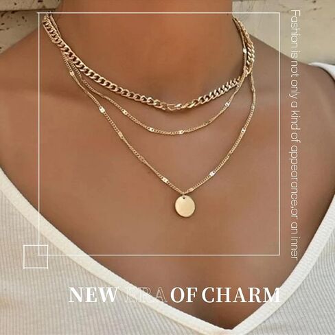 GAUEIOUR Gold Necklaces for Women,Boho Jewellery Set Adjustable 18K Layered Pendant Disc Coin Necklace, Fashion Versatile Stacked Choker Chain Jewelry for Women in Saudi Arabia