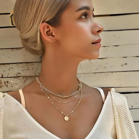 GAUEIOUR Gold Necklaces for Women,Boho Jewellery Set Adjustable 18K Layered Pendant Disc Coin Necklace, Fashion Versatile Stacked Choker Chain Jewelry for Women in Saudi Arabia