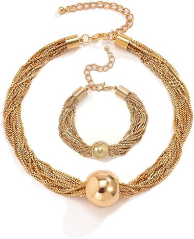 Gold Chunky Bead Necklace Set for Women - Adjustable Layering Jewelry Set, Beads Necklace Jewelry in Kuwait