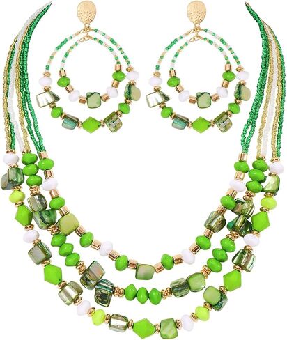 Coiris Layered Shell Beaded Necklace Earrings Jewelry Sets for Women Colorful Handmade Statement Chunky Costume Boho Fall Necklaces Earrings Jewelry Sets for Women in Kuwait