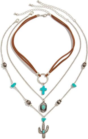 Boho Western Necklace for Women,Gold Cowboy Cowgirl Stackable Necklaces Set,Turquoise Cross Country Concert Necklace Jewelry in Saudi Arabia
