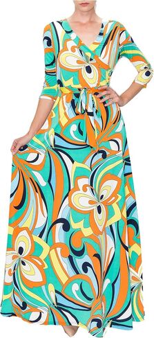 Women's Spring Summer 3/4 Sleeve V-Neck Printed Maxi Faux Wrap 01e Dress Yellow S in Saudi Arabia