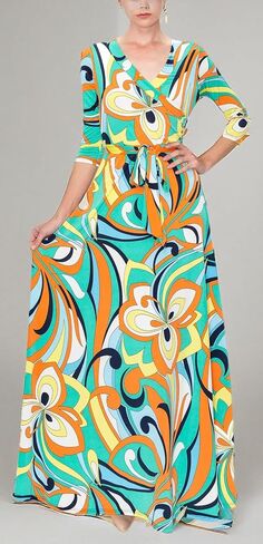 Women's Spring Summer 3/4 Sleeve V-Neck Printed Maxi Faux Wrap 01e Dress Yellow S in Saudi Arabia