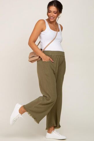 PinkBlush Olive Linen Frayed Hem Crop Maternity Pants in Saudi Arabia