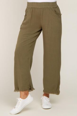 PinkBlush Olive Linen Frayed Hem Crop Maternity Pants in Saudi Arabia