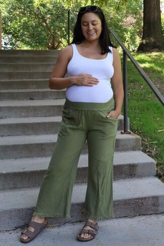 PinkBlush Olive Linen Frayed Hem Crop Maternity Pants in Saudi Arabia