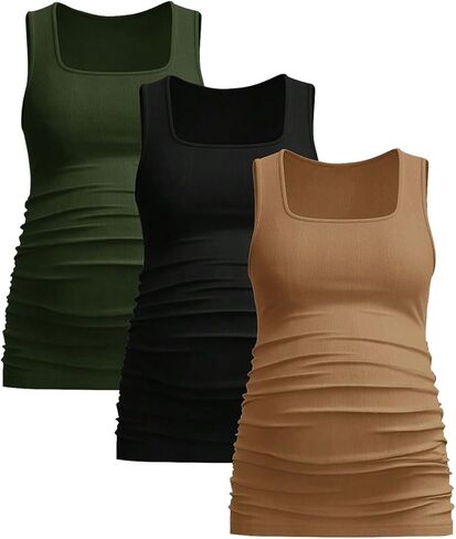 OYOANGLE Women's 3 Pack Square Neck Maternity Tank Top Ruched Fitted Sleeveless Shirts Pregnancy Summer Clothes in Kuwait