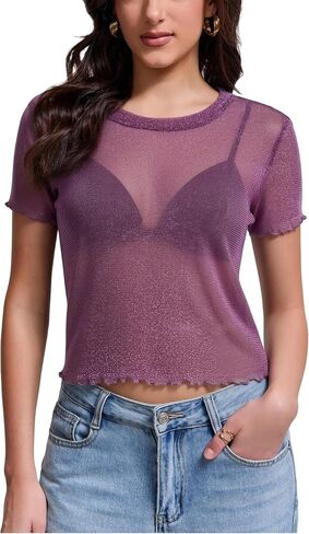 Women's Mesh Top Sheer Short Sleeve Crew Neck See Through Glitter Shirt Crop Blouse for Concert Party in Kuwait