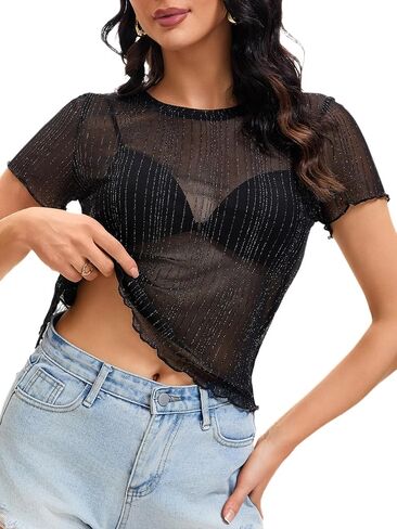 Women's Mesh Top Sheer Short Sleeve Crew Neck See Through Glitter Shirt Crop Blouse for Concert Party in Kuwait