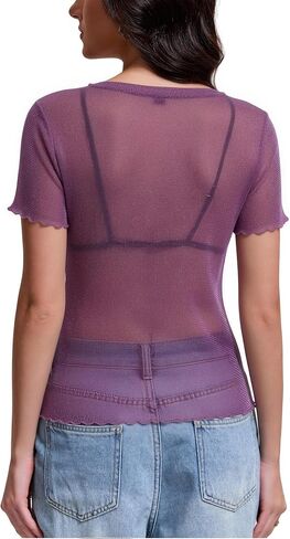Women's Mesh Top Sheer Short Sleeve Crew Neck See Through Glitter Shirt Crop Blouse for Concert Party in Kuwait