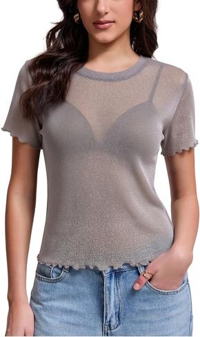 Women's Mesh Top Sheer Short Sleeve Crew Neck See Through Glitter Shirt Crop Blouse for Concert Party in Kuwait