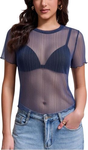 Women's Mesh Top Sheer Short Sleeve Crew Neck See Through Glitter Shirt Crop Blouse for Concert Party in Kuwait