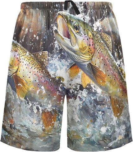 Mens Sleep Shorts Trout River Print, Elastic Pajama Pants Sleepwear with Pockets S in Kuwait