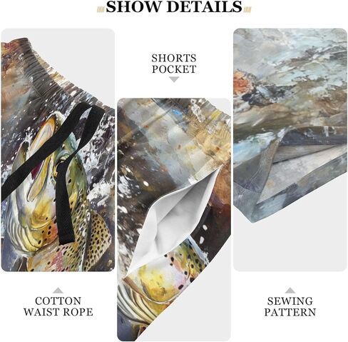 Mens Sleep Shorts Trout River Print, Elastic Pajama Pants Sleepwear with Pockets S in Kuwait