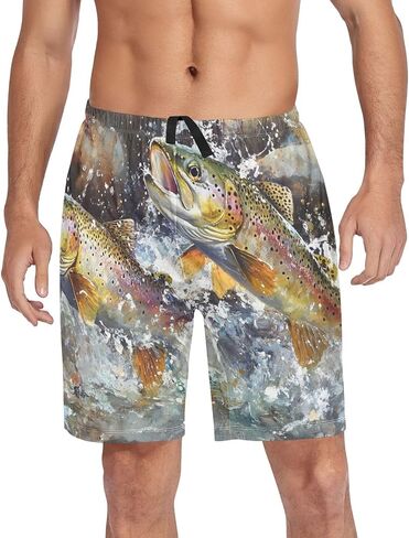 Mens Sleep Shorts Trout River Print, Elastic Pajama Pants Sleepwear with Pockets S in Kuwait