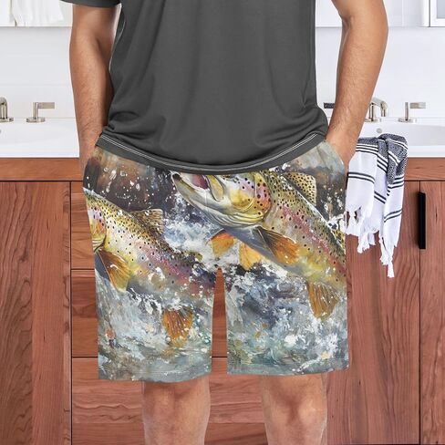 Mens Sleep Shorts Trout River Print, Elastic Pajama Pants Sleepwear with Pockets S in Kuwait
