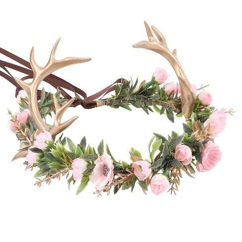 Fairy Antler Flower Crown, Forest Woodland Orange Flower Headband with Gold Deer Horns, Fantasy Renaissance Elf Floral Headpiece for Women Renfaire Outfit Halloween Costume Cosplay Accessory in Saudi Arabia