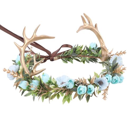 Fairy Antler Flower Crown, Forest Woodland Orange Flower Headband with Gold Deer Horns, Fantasy Renaissance Elf Floral Headpiece for Women Renfaire Outfit Halloween Costume Cosplay Accessory in Saudi Arabia