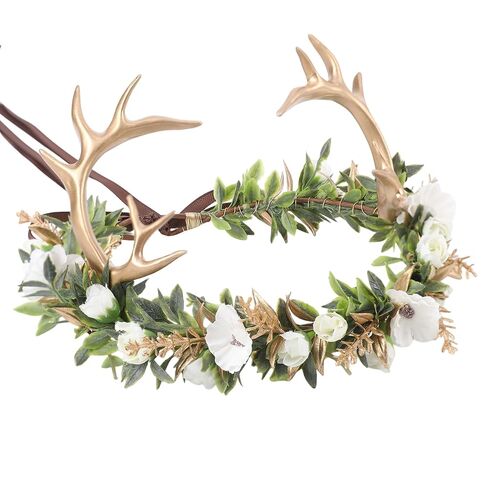 Fairy Antler Flower Crown, Forest Woodland Orange Flower Headband with Gold Deer Horns, Fantasy Renaissance Elf Floral Headpiece for Women Renfaire Outfit Halloween Costume Cosplay Accessory in Saudi Arabia