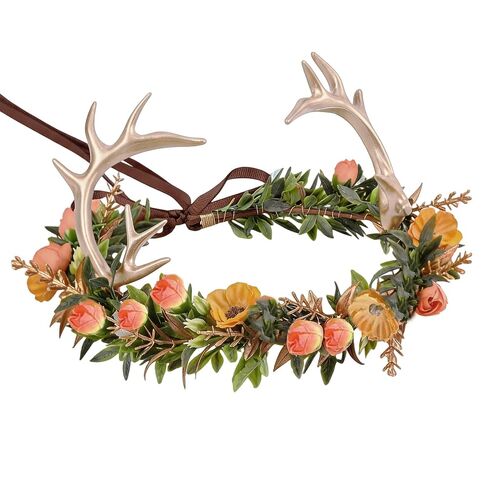 Fairy Antler Flower Crown, Forest Woodland Orange Flower Headband with Gold Deer Horns, Fantasy Renaissance Elf Floral Headpiece for Women Renfaire Outfit Halloween Costume Cosplay Accessory in Saudi Arabia