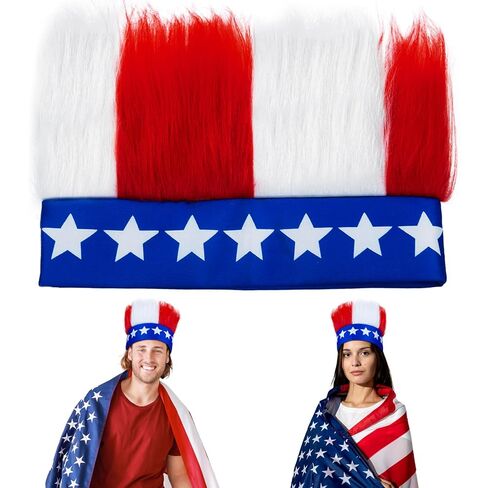 Patriotic Hairy Headband Red White Blue Troll Wig Hat & Costume Accessory Crazy Hats for 4th of July, Memorial Day, and Sports Events in Saudi Arabia