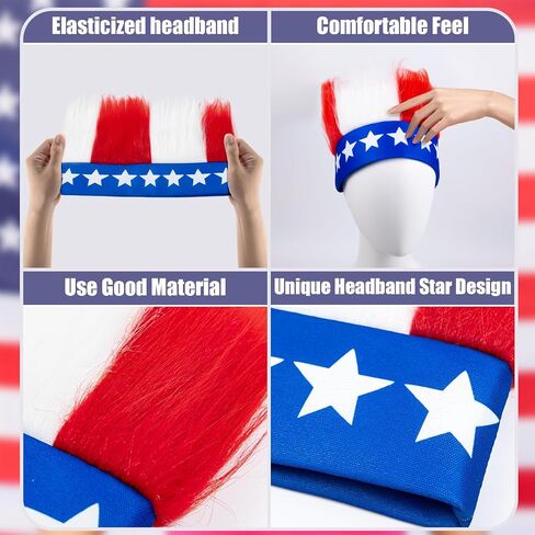 Patriotic Hairy Headband Red White Blue Troll Wig Hat & Costume Accessory Crazy Hats for 4th of July, Memorial Day, and Sports Events in Saudi Arabia