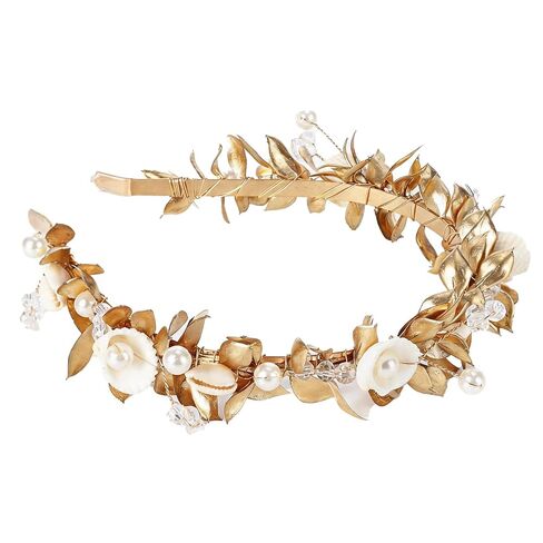 Seashell Flower Crown Headband, Boho Sea Shell Crown Hair Accessories with Green Leaf for Women Bride Summer Beach Wedding Princess Birthday Merrmaid Cosplay Costumes Headwear in Saudi Arabia