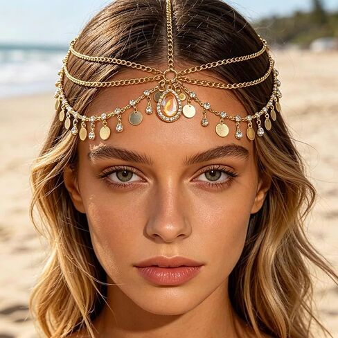 Boho Gold Head Chain Jewelry for Women Layered Coin Headpiece Costume Heart Hair Accessories (Sequins) in Saudi Arabia