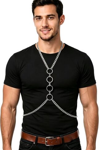 Men's Chest Harness Chain Costume, Male Body Harness Belt Punk Fashion Rave Outfit for Festival Party Halloween Cosplay R05 in Saudi Arabia
