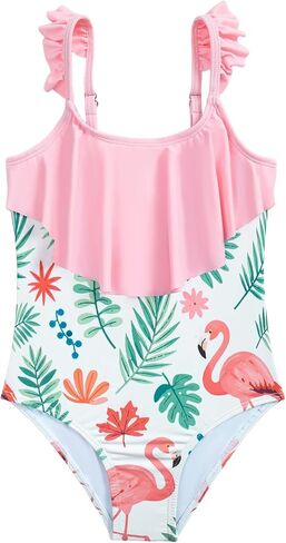 Girls Swimsuit One Piece Ruffle Sleeve Bathing Suits for Kids with Adjustable Strap 3-12 Years in Saudi Arabia