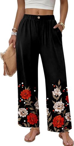 سراويل KISSMODA النسائية واسعة الساق بخصر عالي المرونة Palazzo Lounge Pants سراويل واسعة مع جيوب in Kuwait