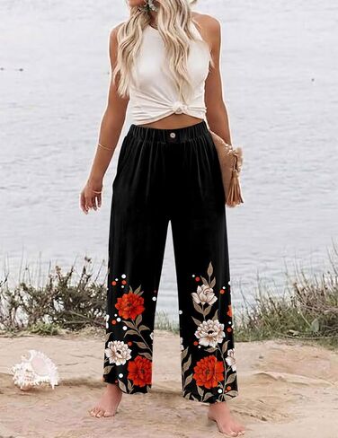 سراويل KISSMODA النسائية واسعة الساق بخصر عالي المرونة Palazzo Lounge Pants سراويل واسعة مع جيوب in Kuwait