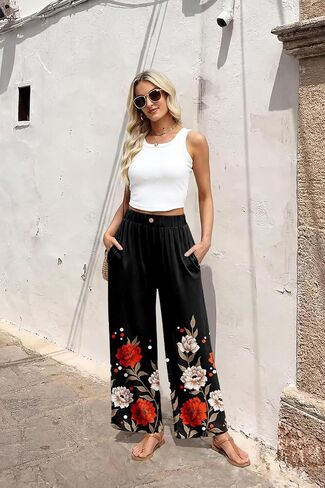 سراويل KISSMODA النسائية واسعة الساق بخصر عالي المرونة Palazzo Lounge Pants سراويل واسعة مع جيوب in Kuwait
