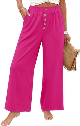 سراويل KISSMODA النسائية واسعة الساق بخصر عالي المرونة Palazzo Lounge Pants سراويل واسعة مع جيوب in Kuwait