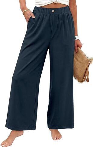 سراويل KISSMODA النسائية واسعة الساق بخصر عالي المرونة Palazzo Lounge Pants سراويل واسعة مع جيوب in Kuwait