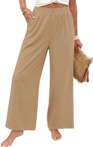 سراويل KISSMODA النسائية واسعة الساق بخصر عالي المرونة Palazzo Lounge Pants سراويل واسعة مع جيوب in Kuwait