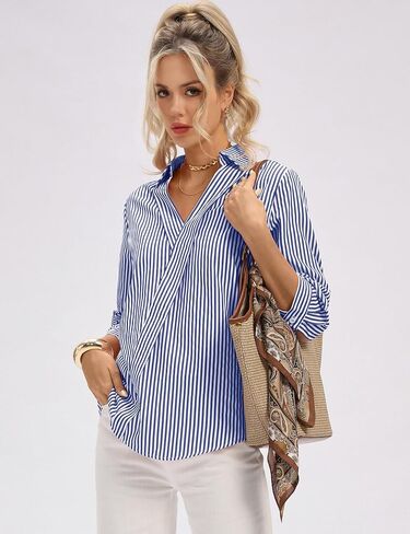 Women’s 3/4 Sleeve Dressy Blouse V-Neck Collared Shirt Business Casual Work Top for Office and Vacation in Kuwait