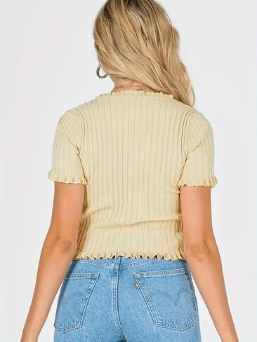 Women's V Neck Gathered Short Sleeve Floral Jacquard Pointelle Knit Top Ruffled Trim Cropped Blouse in Kuwait