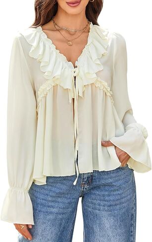 Boho Ruffle Front Tie V Neck Blouse for Women Sheer Long Sleeve Boho Peplum Flowy Casual Tops Shirt in Saudi Arabia