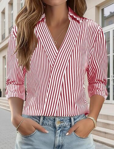 Women’s 3/4 Sleeve Dressy Blouse V-Neck Collared Shirt Business Casual Work Top for Office and Vacation in Kuwait