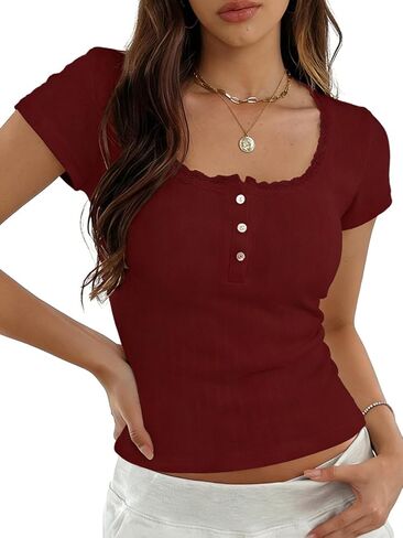 Womens Cute Y2K Tops Short Sleeve Summer T Shirts Scoop Neck Henley Button Up Lace Crop Teens Tee Slim Fit 2026 in Kuwait