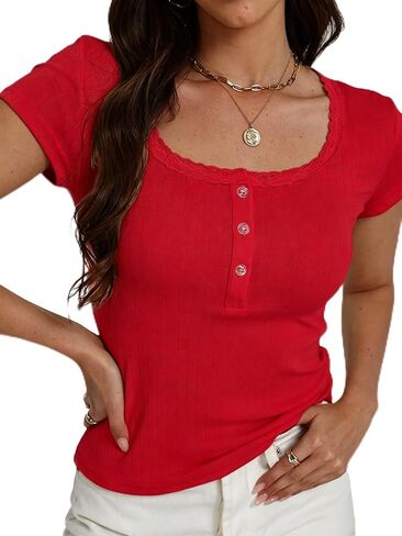 Womens Cute Y2K Tops Short Sleeve Summer T Shirts Scoop Neck Henley Button Up Lace Crop Teens Tee Slim Fit 2026 in Kuwait