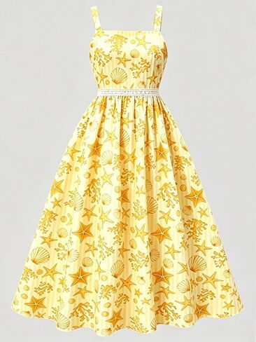 فستان كامي صيفي جميل على طراز العطلة للفتيات، يتميز بطبعات الحياة البحرية والزهور مع تفاصيل من الدانتيل in Kuwait