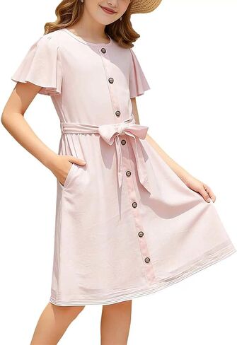 Girls Button Front Dress Flutter Sleeves Tie Belt Summer A Line Fit Flare Crew Neck Party Casual Midi Dress in Kuwait