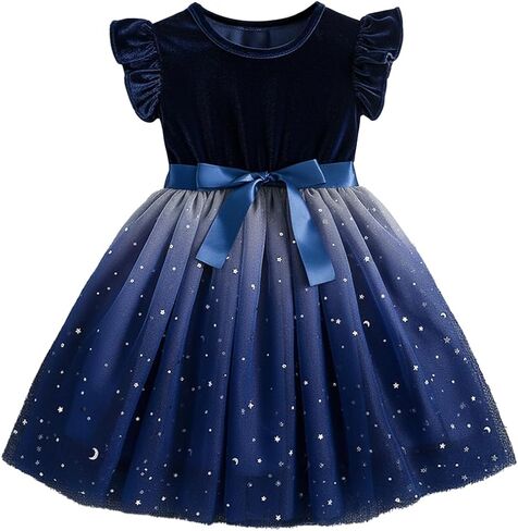 Girls Navy Blue Starry Tulle Dress Velvet Flutter Sleeve Party Dress for 3-9Y in Kuwait