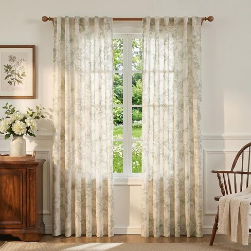 MEETSKY Green Floral Linen Curtains Farmhouse Vintage Patterned for Bedroom Living Room Semi Sheer Light Filtering Sage Flower Printed Cottage Core Drapes 84 Inches Long Back Tab, 2 Panels, 50" Wide in Saudi Arabia