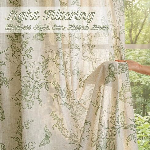 MEETSKY Green Floral Linen Curtains Farmhouse Vintage Patterned for Bedroom Living Room Semi Sheer Light Filtering Sage Flower Printed Cottage Core Drapes 84 Inches Long Back Tab, 2 Panels, 50" Wide in Saudi Arabia
