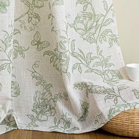MEETSKY Green Floral Linen Curtains Farmhouse Vintage Patterned for Bedroom Living Room Semi Sheer Light Filtering Sage Flower Printed Cottage Core Drapes 84 Inches Long Back Tab, 2 Panels, 50" Wide in Saudi Arabia